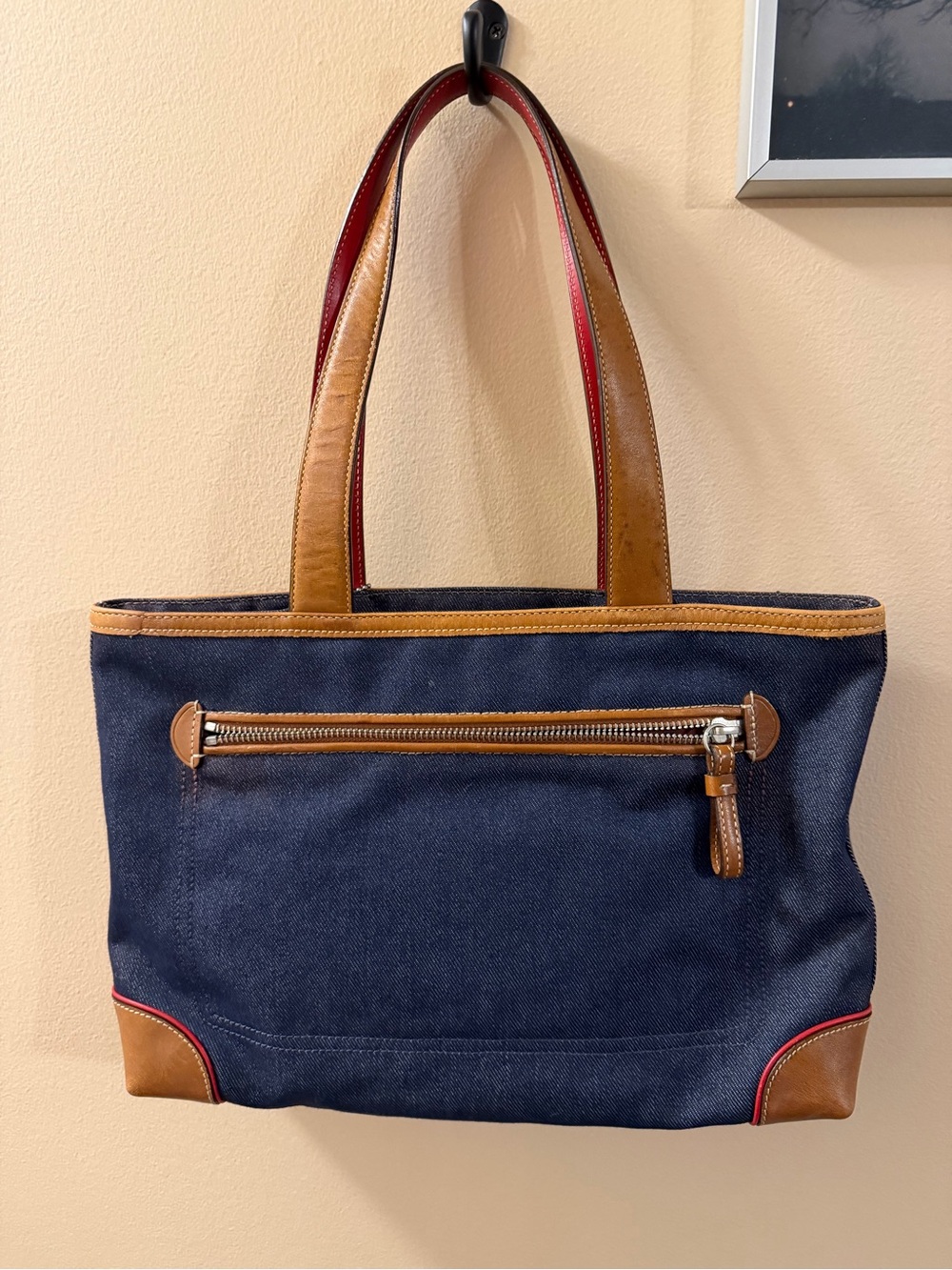 Coach Vintage 2003 Navy Denim Tote with Red & Brown Leather Trim style 6866 - Picture 2 of 16
